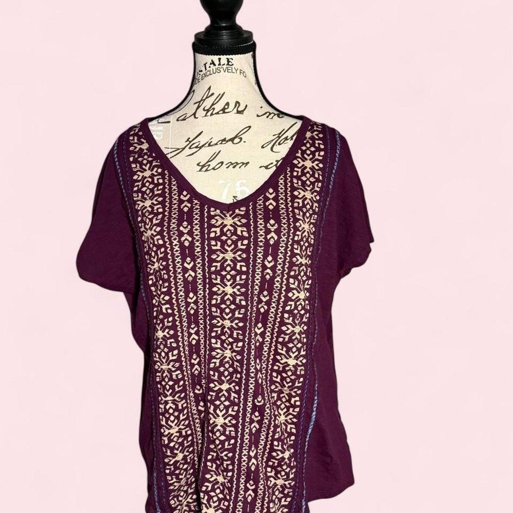 Womens Purple Floral Embroidered V-Neck Blouse Short Sleeve Cottagecore Top